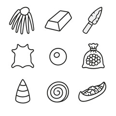 Trade and Barter Icons. Outline style icon of Trade & Barter Goods: dentalium shell string, copper ingot, obsidian blade, buffalo