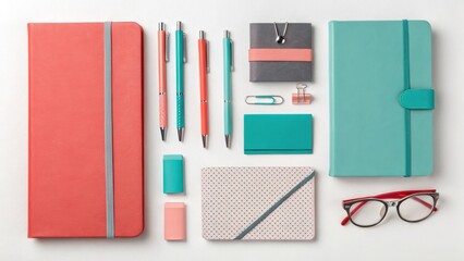 Flat lay of stationery items on a white background featuring notebooks pens erasers glasses clips office supplies and organization essentials