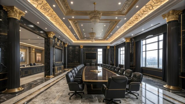 Luxurious executive conference room featuring marble columns grand chandelier and expansive city view perfect for corporate meetings and negotiations - Powered by Adobe