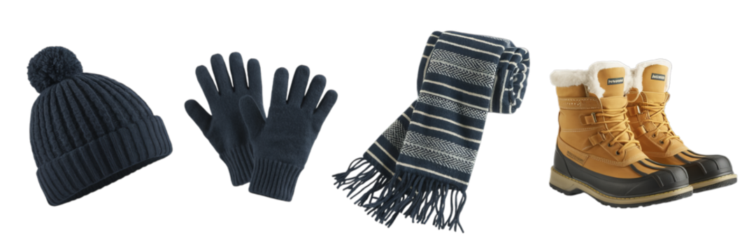 A cohesive set of essential winter clothing and accessories, featuring a knitted beanie, warm gloves, a striped scarf, and sturdy snow boots, isolated on a transparent background.
