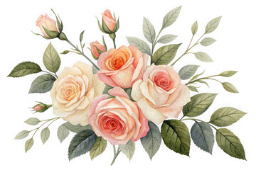 Naklejka premium Watercolor rose bouquet illustration, hand painted peach and cream floral arrangement, botanical pink roses graphic design element for wedding invitations and stationery isolated on Transparent