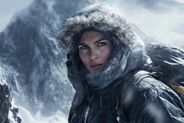 Winter hiker trekking snowy mountain pass