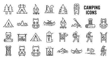 camping icons detailed line art illustrations of outdoor adventure featuring tents campfires backpacks canoes  mountains perfect for travel blog design
