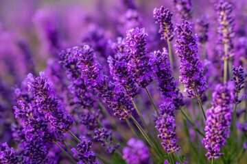 Fototapeta premium Lavender field blooms, blur background. Close-up shot used for nature articles