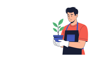 Gardener holding a potted plant with fresh green leaves