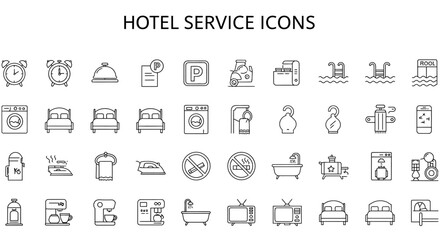 Hotel service icons Seamless line art set representing lodging amenities perfect for websites and brochures showcasing accommodation services and travel designs.