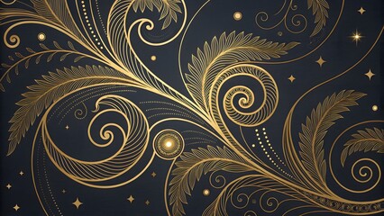 Abstract luxury leaves pattern. Art deco vintage floral texture, elegant gold on black decor, nature graphic.