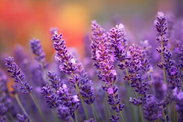 Obraz premium Blooming Lavender Flowers in Garden, Floral Aroma, Blurry Background. Wellness use