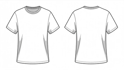 Naklejka premium A technical fashion illustration of a plain white t-shirt shown from two views - front and back.