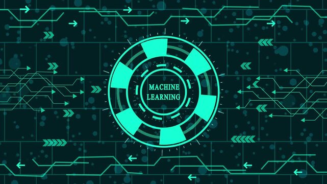  futuristic machine learning and big data analysis animation, digital machine learning algorithm and neural network interface, high-tech machine learning model training and predictive analytics hud