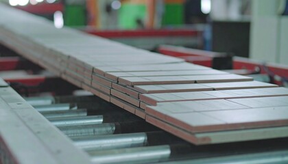Stacked ceramic tiles moving on a conveyor belt in a factory