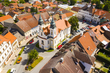 The historic center of the town of Rozmital pod Tremsinem in the Czech Republic.