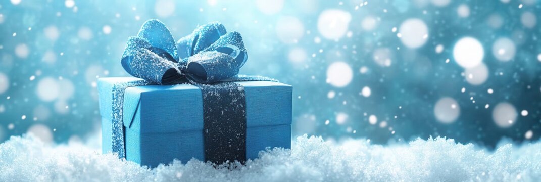 A beautifully wrapped blue Christmas gift box with snowflakes shimmering in a winter wonderland background. happy woman, preparing for christmas, buying gifts, banner, flyer for new year discounts