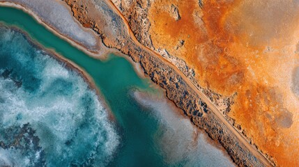 Naklejka premium aerial view vibrant teal water earthy land