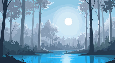 forest landscape with water a serene forest landscape reflecting the sun in the blue water evoking tranquility and natural beauty ideal for nature blogs and environmental awareness campaigns.