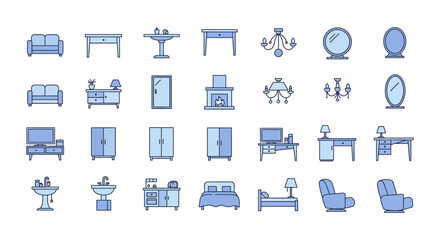 furniture icons depicting interior decor in a room design conveying modern living solutions ideal for interior design and home furnishing marketing.