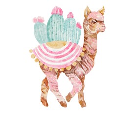 A cute llama with pastel fur carrying blooming cactuses on its back, decorative boho style, Watercolor illustration perfect for nursery, prints, cards, textiles, and kids designs