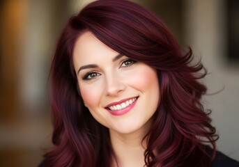 Naklejka premium A smiling woman with vibrant burgundy hair poses for a portrait, looking directly at the viewer.