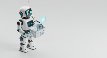Futuristic robot assistant holding shopping basket for modern retail and commerce