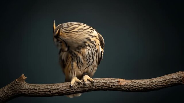 Close Up Portrait of Long Eared Owl with Brown and White Plumage Against a Dark Gray Background With Natural Lighting