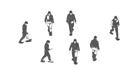 men walking several men in varied stages of walking on a plain white background demonstrating movement and activity for graphic design needs vector