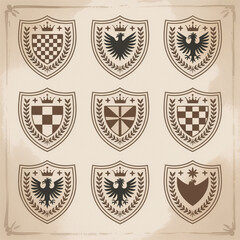 Obraz premium A collection of 10 heraldic shield designs in brown and beige tones arranged in a grid pattern on a light beige background.