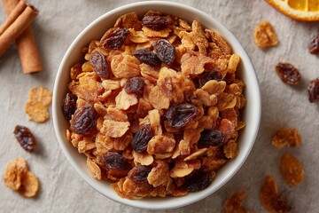 Bowl of Raisin Bran Cereal with Autumn Accents on Linen Cloth
