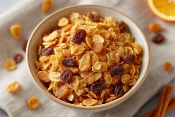 Fototapeta na wymiar Bowl of Raisin Bran Cereal with Autumn Accents on Linen Cloth