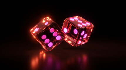 Neon 3D renders the cube dice from a casino game on a gloomy black backdrop. Random numbers move when two white die roll. Vegas online app night banner for board games and VIP gaming. 3D Illustration