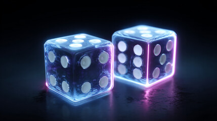 Neon 3D renders the cube dice from a casino game on a gloomy black backdrop. Random numbers move when two white die roll. Vegas online app night banner for board games and VIP gaming. 3D Illustration
