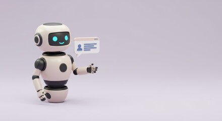 Friendly robot presenting user profile information on a soft pastel background offers digital