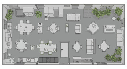 restaurant floor plan showcasing table arrangements and interior design illustrating commercial space planning for optimized customer experience and layout perfect for architectural design © DigitalStock