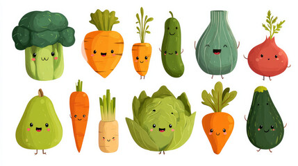 A collection of animated vegetable characters. A selection of adorable and humorous vegetables for children. Cartoon food. Illustration in vector form 