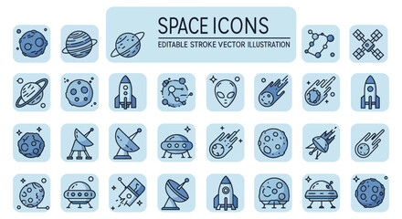 space icons collection editable stroke vector illustration of planets rockets ufo comets and satellite perfect for education materials and science illustrations.