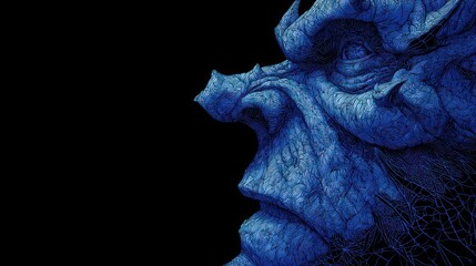 Intricate profile of a blue-hued, reptilian monster with scale texture against black