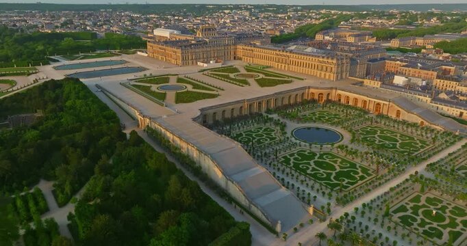 Aerial view of Palace of Versailles and the gardens surrounding it, France