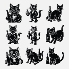 Cute Cat Drinking Beer Bottle Vector, Funny cute cat drinking beer bottle vector design, perfect for t-shirt prints, stickers, posters, and digital artwork