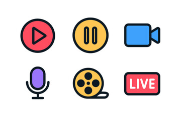 Flat Media Player and Live Streaming Icons Set for Digital UI