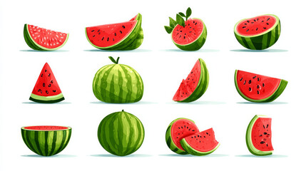 Icons of watermelon. Ripe fruit pieces, triangular and split slices, full watermelons, rinds, and seeds are all depicted in this vector cartoon collection. organic, fresh, green fruit. sweet treats. N