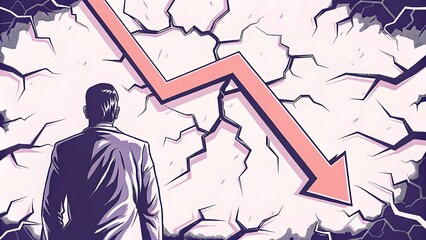 Man observing a sharp downturn on cracked wall symbolizing economic collapse or financial crisis