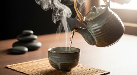 Steaming tea being poured from ceramic teapot into cup on bamboo mat near window
