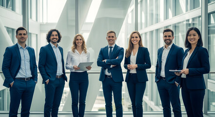 Obraz premium Group of Business Professionals in Formal Attire Standing in Modern Office Building
