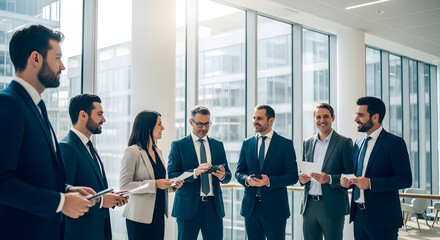 Business Team Meeting in Modern Office with Large Windows and Natural Light
