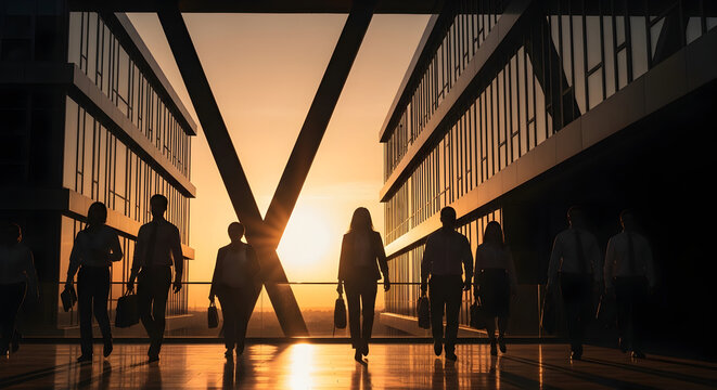 Businesspeople Walking in Modern Office Building at Sunset