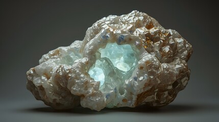 A close-up of a large, natural geode with a rough, crystalline exterior and a brilliant, glowing pale blue core, creating a sense of natural wonder
