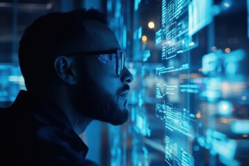 Data analyst working with holographic dashboard