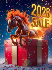 Obraz premium Playful 2026 SALE banner with cartoon-style fire horse bursting from colorful gift box, confetti, snowflakes, bright cheerful palette, 3D cute render for holiday ads