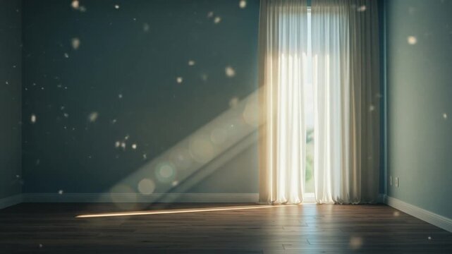 Dust particles float in the rays of sunlight coming through an open window in an empty room.