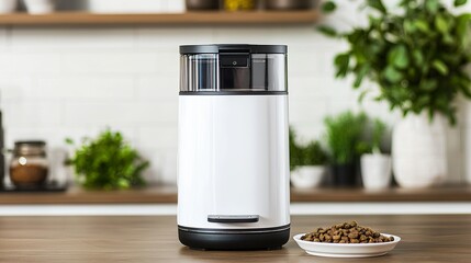 Automated pet feeder food bowl, kibble texture, metallic sheen