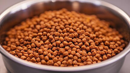 Automated pet feeder food bowl, kibble texture, metallic sheen